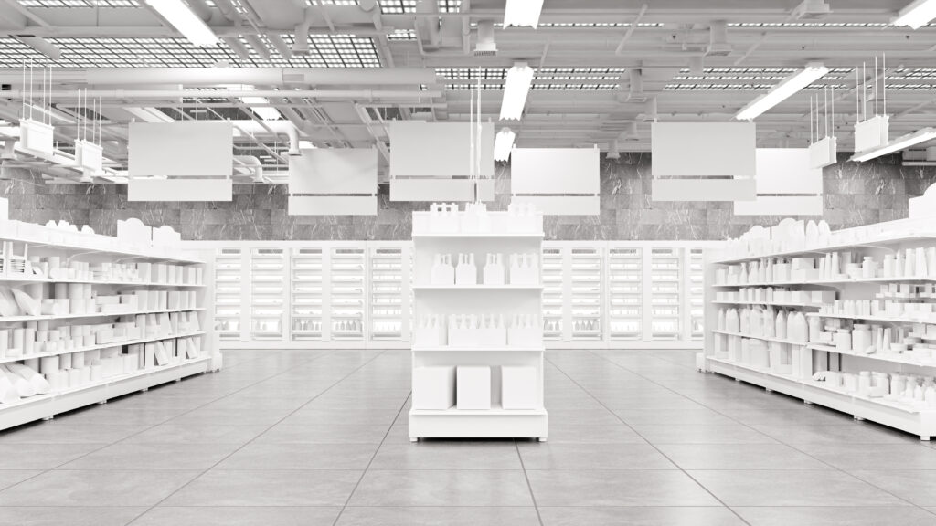 3D Rendering. Store interior supermarket with shelf shelves.