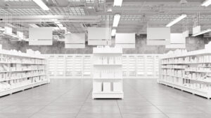 3D Rendering. Store interior supermarket with shelf shelves.