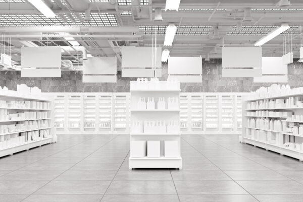 3D Rendering. Store interior supermarket with shelf shelves.