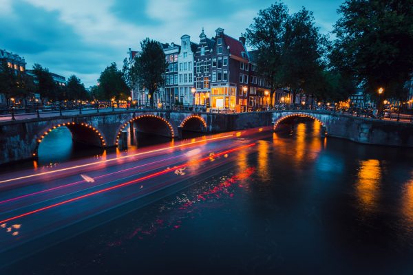 Amazing Light trails and reflections on water at the Leidsegracht and Keizersgracht canals in