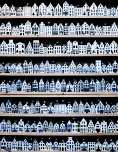 Delft blue miniature houses of Amsterdam, sold as souvenirs