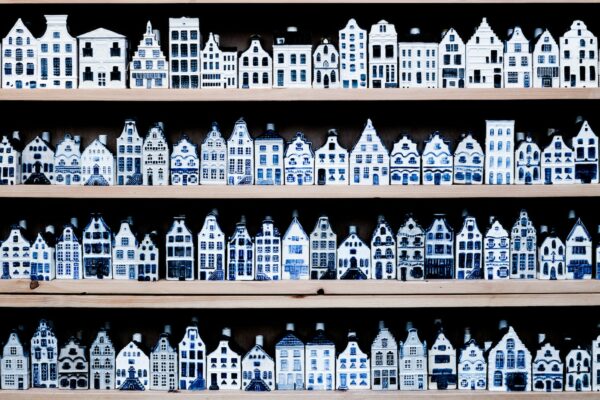 Delft blue miniature houses of Amsterdam, sold as souvenirs