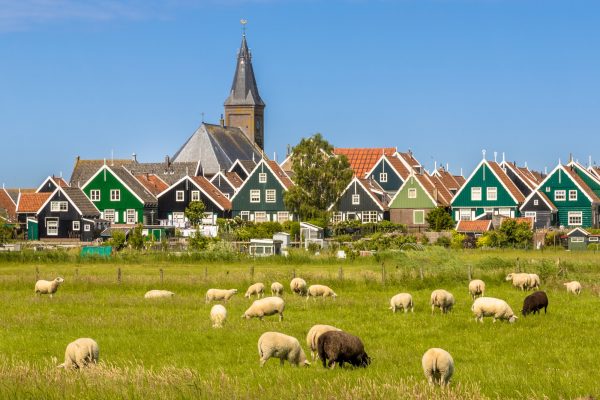 Panorama of Colorful wooden houses with church in Dutch Village