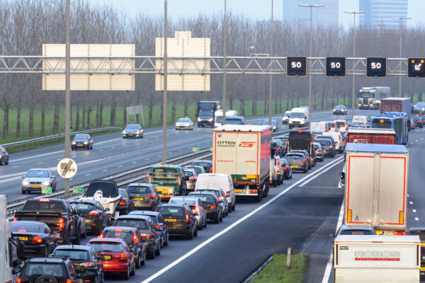 Zwolle, The Netherlands - November 28, 2014: Traffic jam caused by an accident on the highway A28 near the city of Zwolle in The Netherlands.
